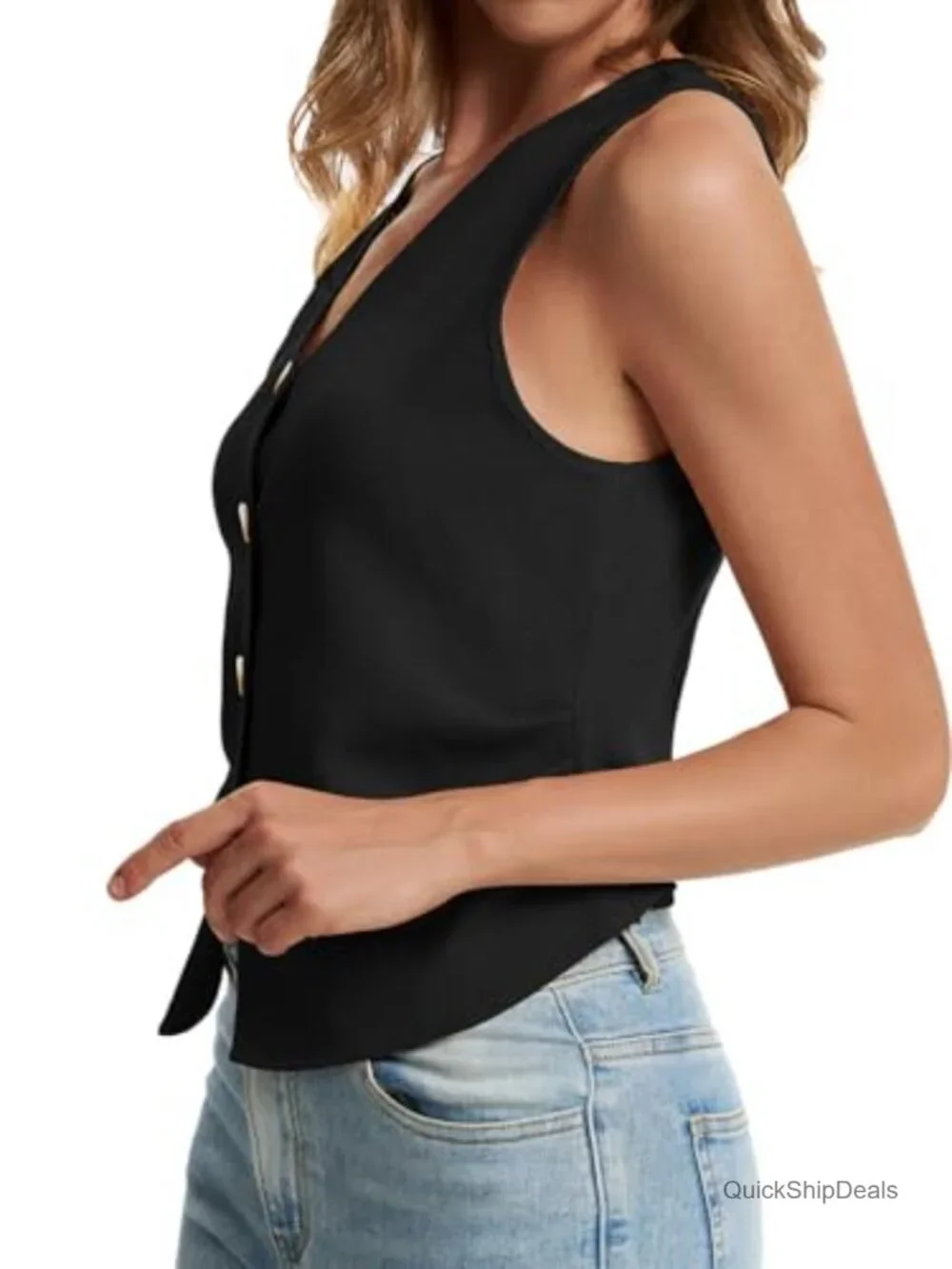 Womens Button Up Knit Sweater Vest V-Neck Sleeveless Slim Fit Work Tank Top